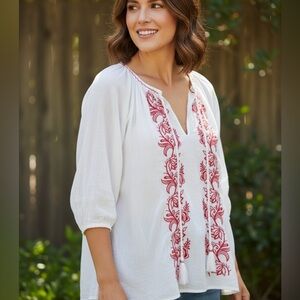 CJ Laing Bohemian Embroidered Women's Long Sleeve White Gauzy Top Size Large